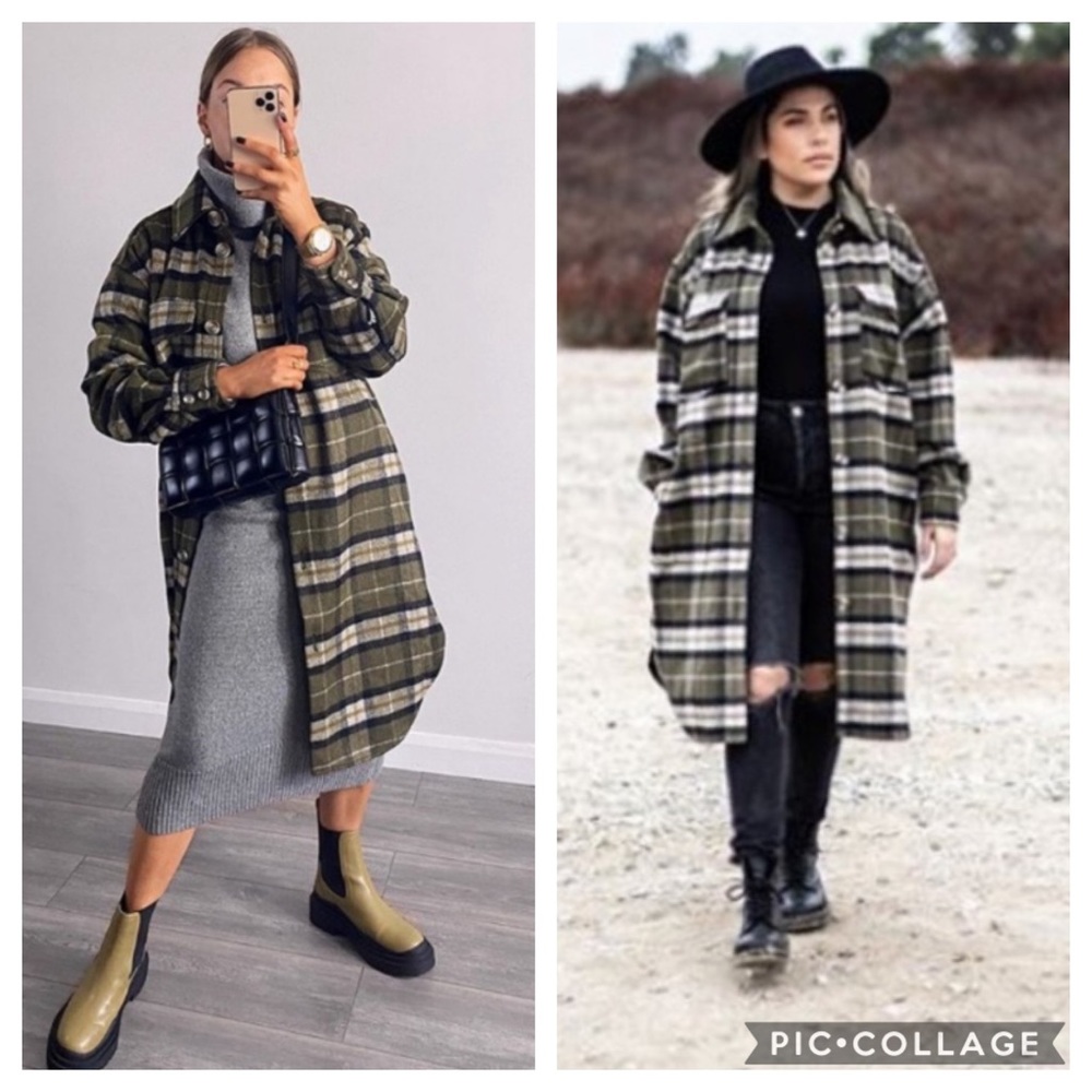 NWT H&M *Bloggers Fave* Green-Khaki Plaid Shacket - Picture 2 of 8